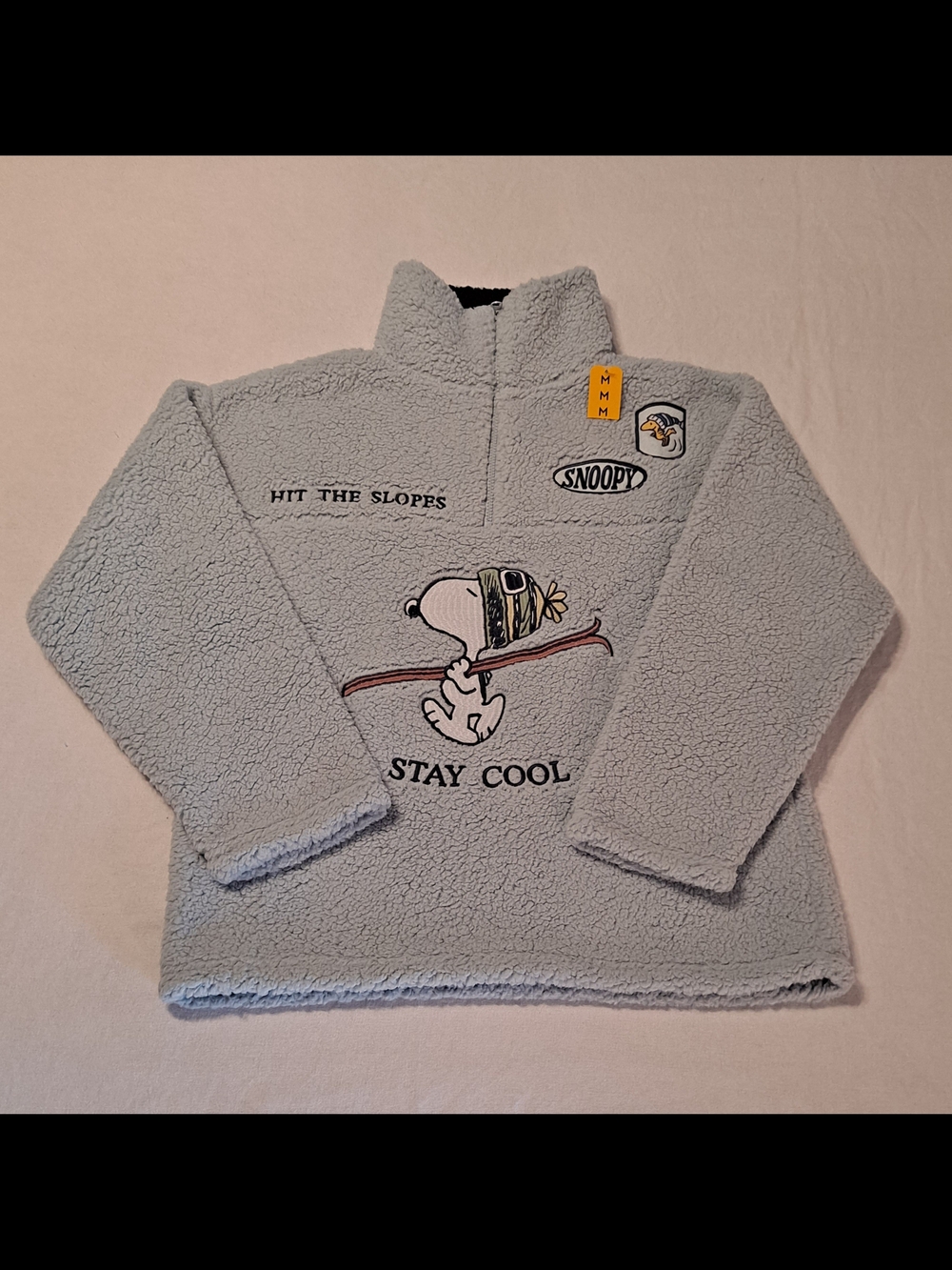 Peanuts Embroidered Light Blue and Navy Sherpa Zip-Up Pullover Size Medium